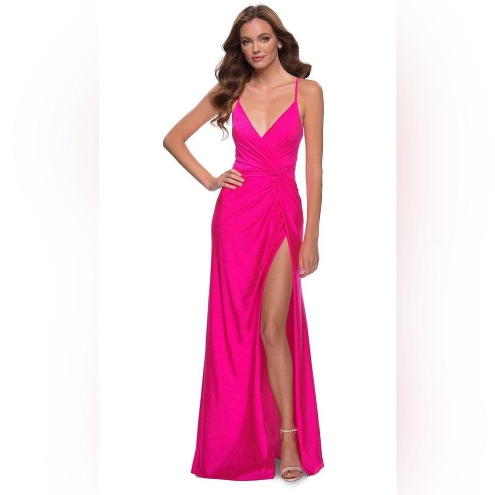 La Femme Prom Dress 29870 Hot Pink High Slit Strappy Jersey Dress Size 8 NWT